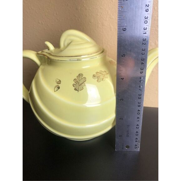 Retro Hall Teapot Canary Gold Label Parade Hook Yellow With Gold Oak Leaves 1950 - Picture 14 of 14